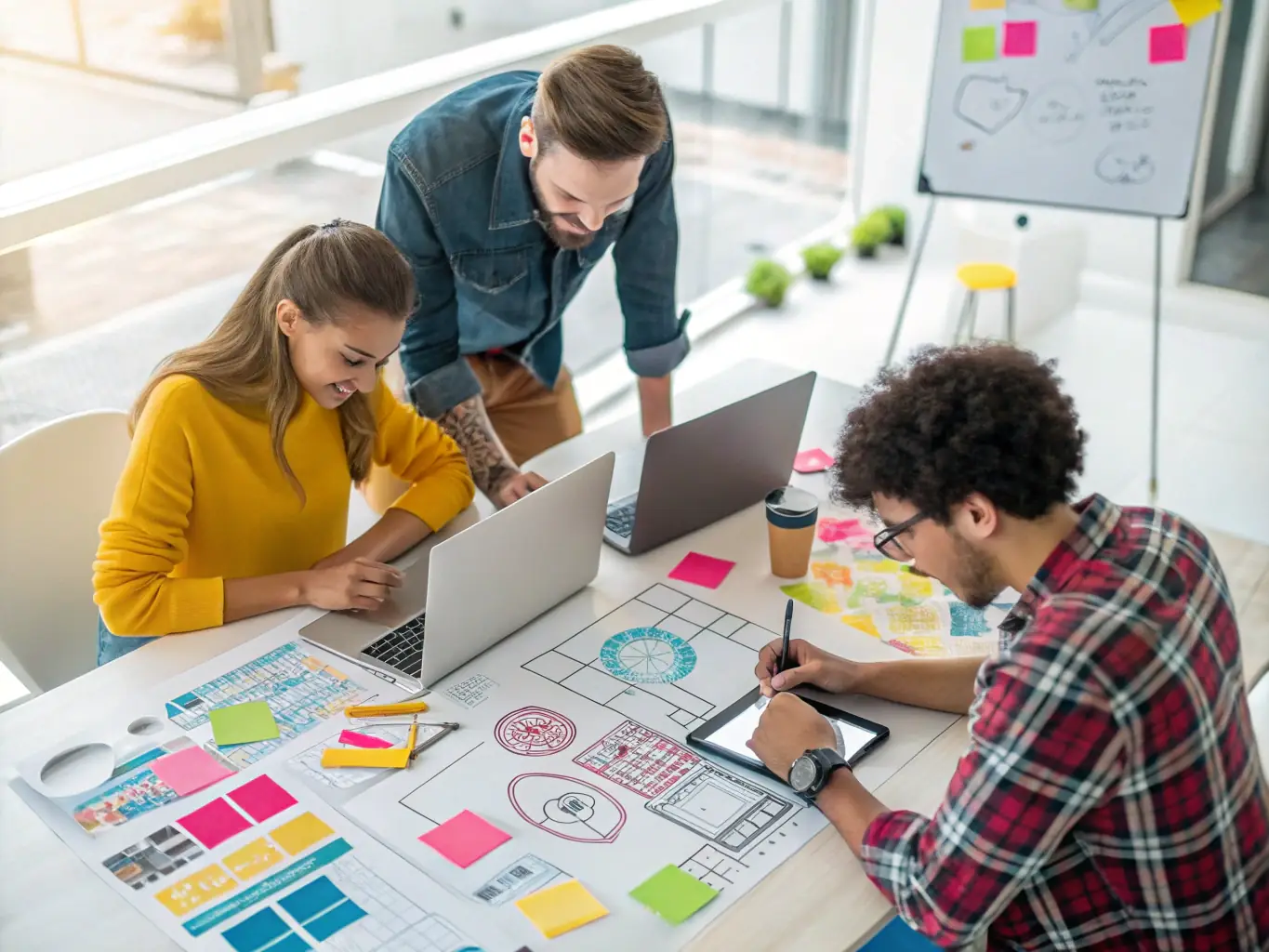 A vibrant image showcasing a branding workshop with designers collaborating on logo concepts and brand guidelines, reflecting the creative process of building a strong brand identity for clients.