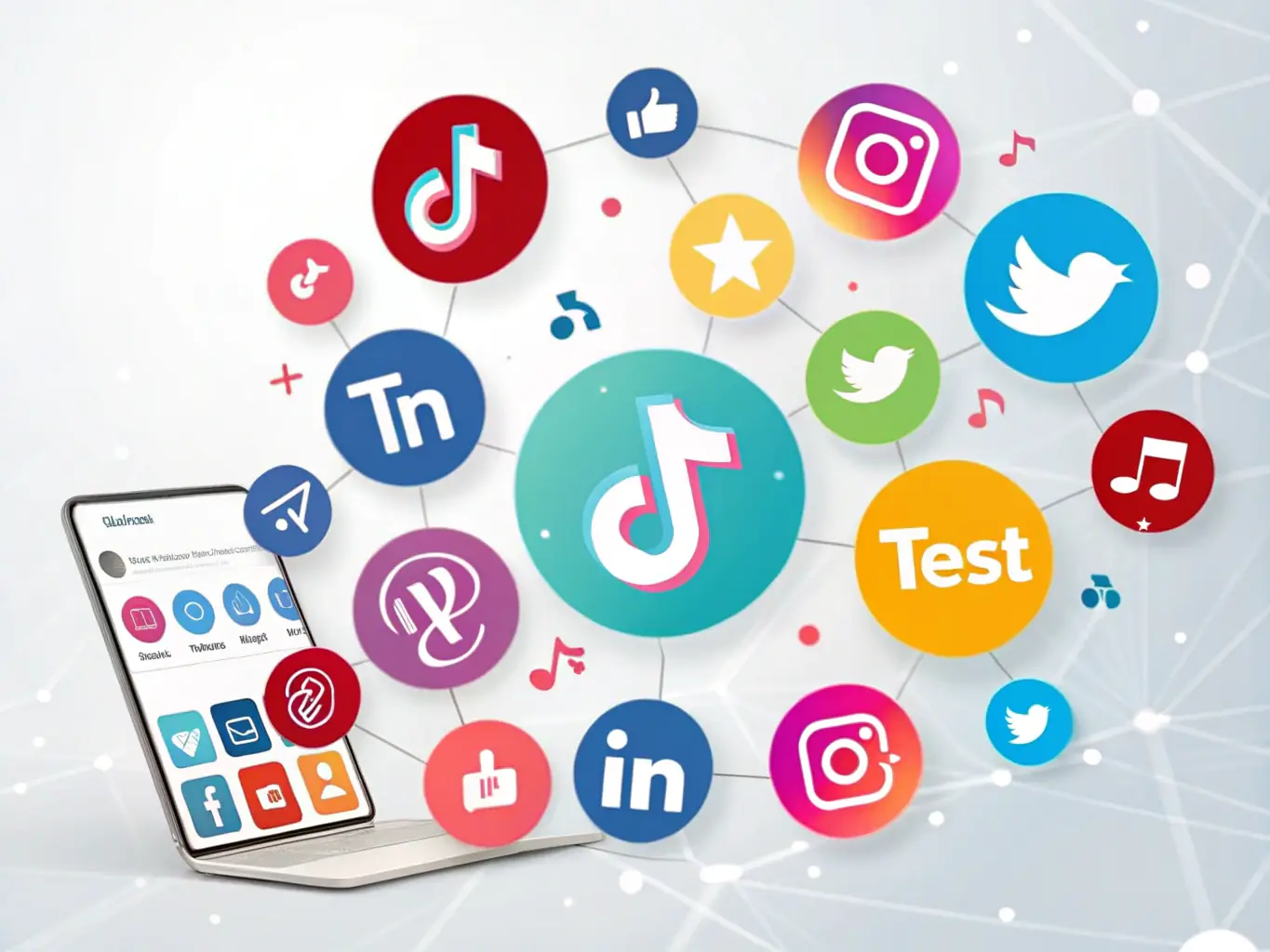 A dynamic image displaying various social media platforms with engaging content and analytics dashboards, illustrating the management and optimization of social media campaigns.