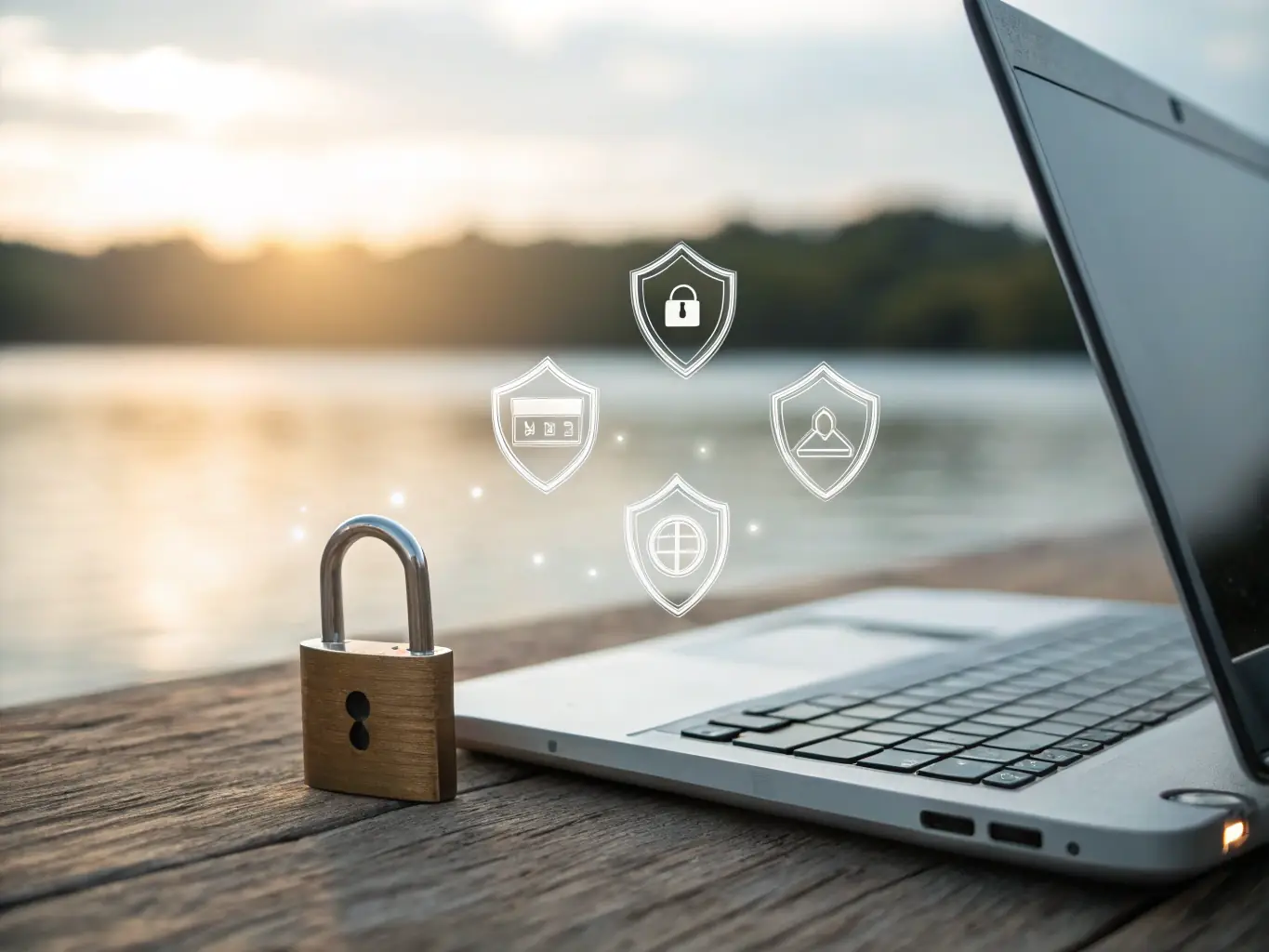 An image depicting a digital shield with lock icons, representing cybersecurity measures and data protection.