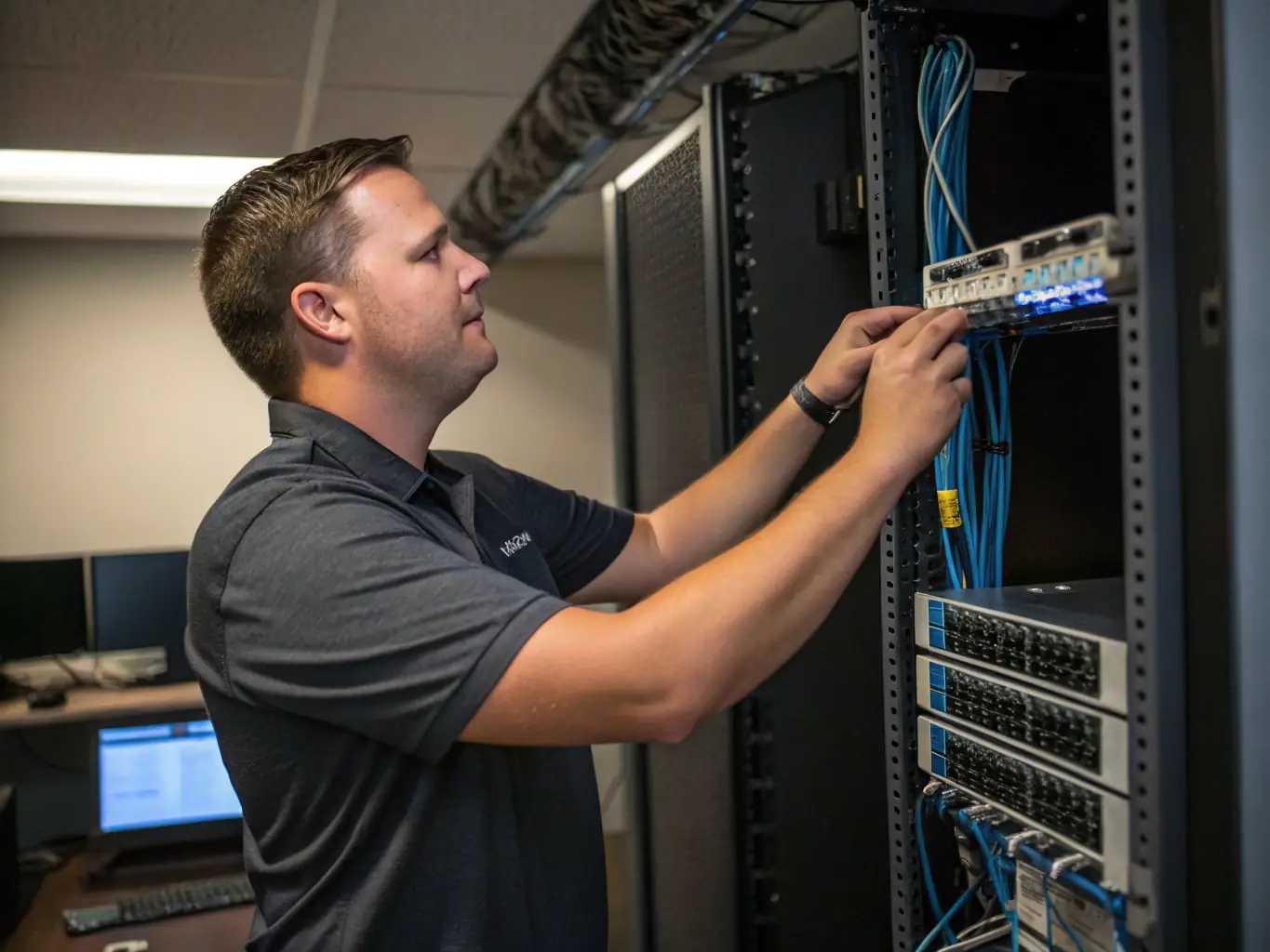 An image showing a professional IT technician working on a server with digital network graphics in the background, representing IT support and consulting services.