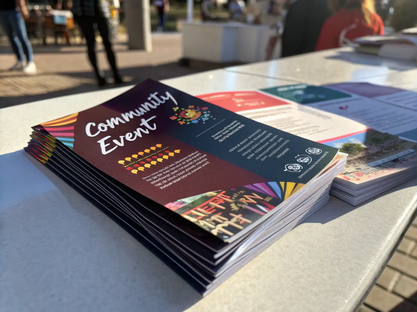 A stack of vibrant, professionally printed flyers with a modern design, showcasing a marketing campaign for a local business, emphasizing the quality and impact of flyer marketing.