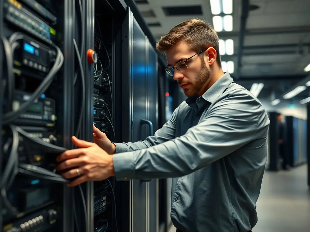 A professional IT technician remotely managing a server infrastructure, highlighting managed IT support services.