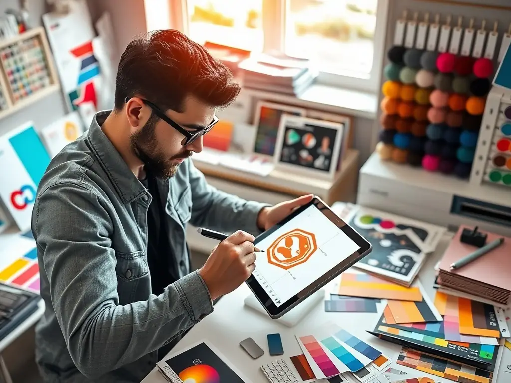 A professional branding expert is developing a brand strategy for a client, focusing on logo design and brand messaging.