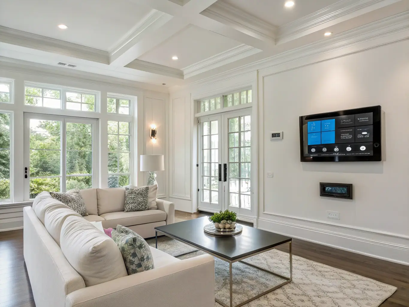 A modern living room featuring integrated smart home devices, a wall-mounted touch panel, and ambient lighting, illustrating a connected and automated environment for a technology services website.