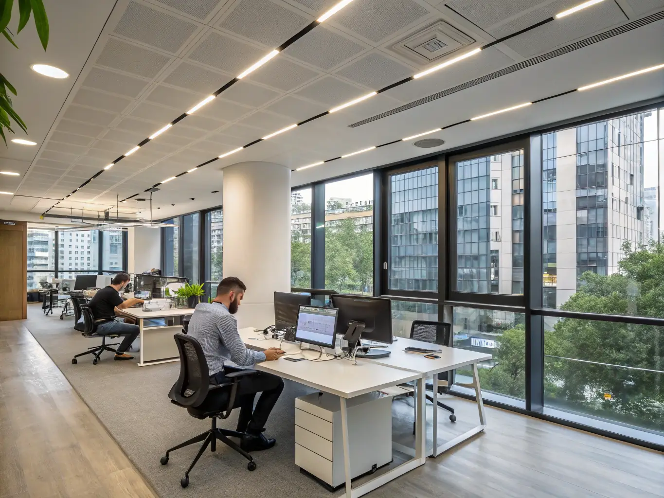 A stylish office space with automated LED lighting, motion sensors, and a digital control interface, demonstrating intelligent lighting control in a commercial setting for a smart automation website.