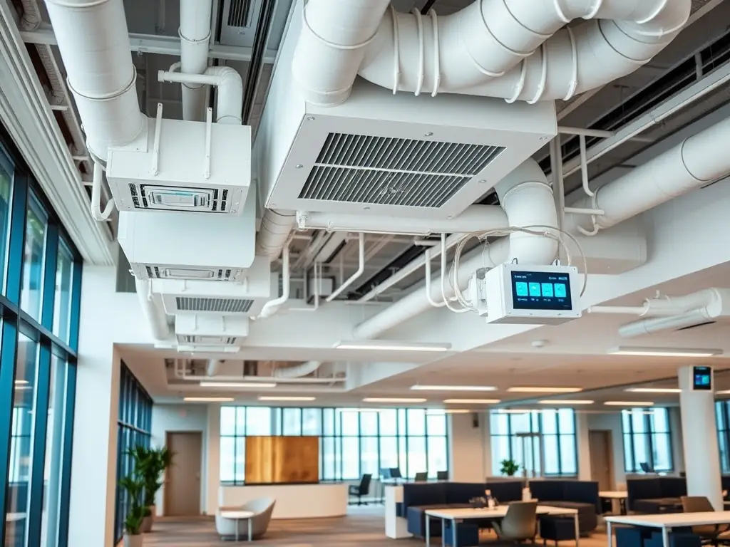 A modern building lobby with visible HVAC vents, a digital thermostat, and a smartphone displaying climate control options, representing automated HVAC management for a building automation website.